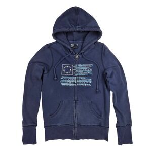Polo Jeans Co Ralph Lauren Navy Blue Full Zip Graphic Flag Hoodie Medium Y2K Vtg